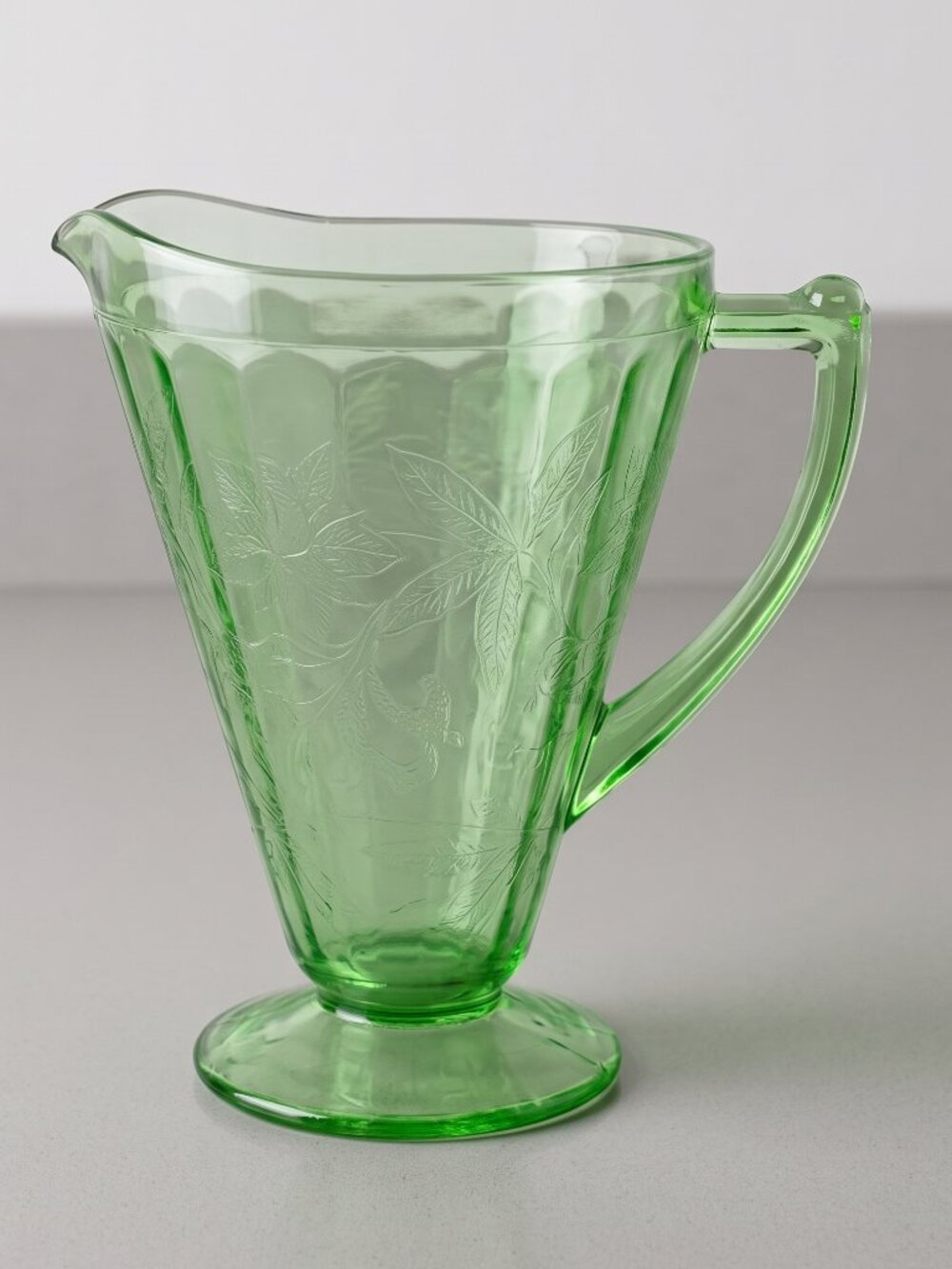 Vintage Jeannette Uranium Green Glass Footed Pitcher Etched Floral Leaf 7.75” Ta